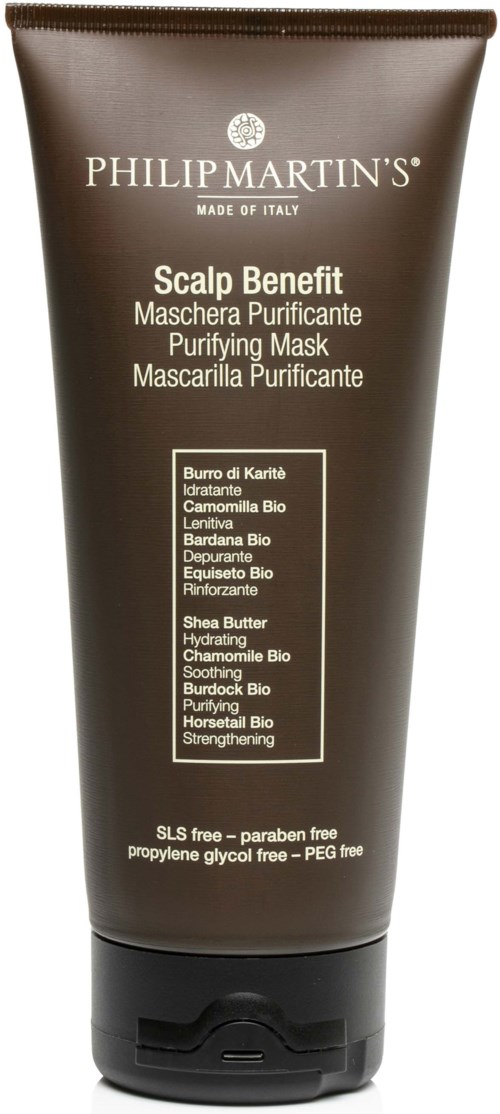 A brown tube of Philip Martins Scalp Benefit Purifying Mask with text describing ingredients and benefits.