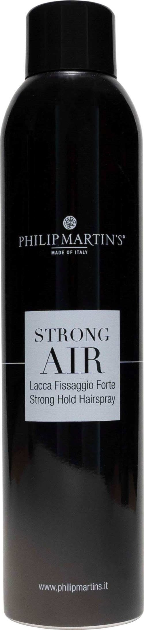 A tall black can of hair spray labeled 'Strong Air' for strong hold, by Philip Martin's.