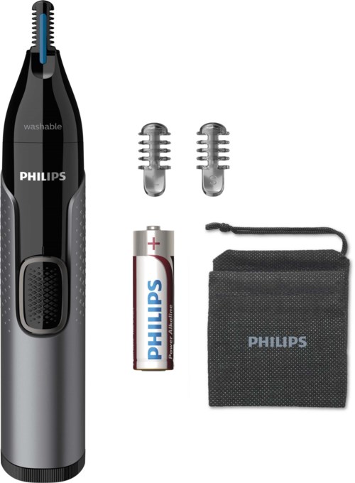A Philips nose hair trimmer with two small grooming attachments, a battery, and a carrying pouch.