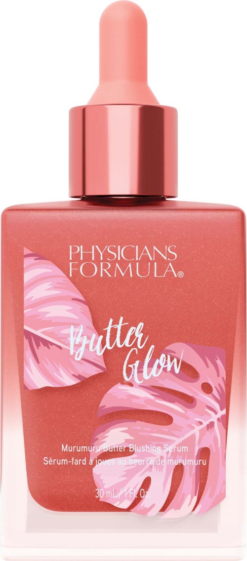 En rosa droppflaska från Physicians Formula Butterfly Glow serum med blad- och fjärilsillustrationer på etiketten.