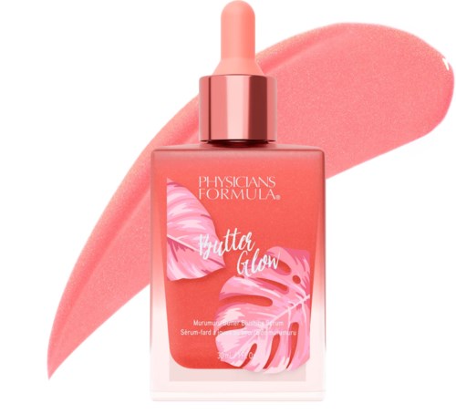 En rosa dropperflaska med serum från Physicians Formula Butter Glow med rosa bladillustrationer på etiketten.
