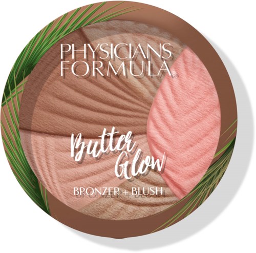 Rund makeupkompakt med Physicans Formula Butter Glow-bronzer och blush, med peach- och bruna pudersektioner.