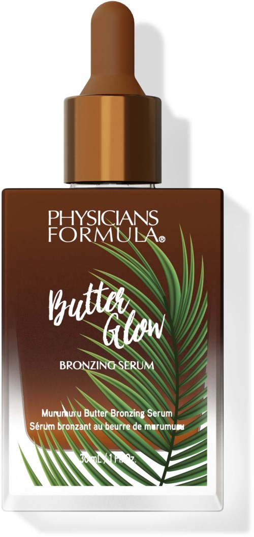 Brun flaska med pipettlock, märkt Physicians Formula Butter Glow Bronzing Serum med grön lövdesign.