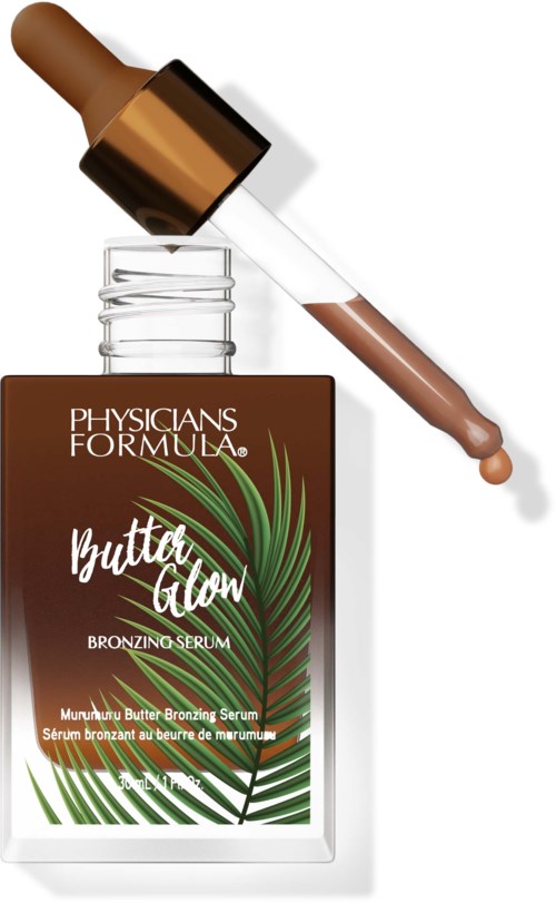 Brun flaska med Physicians Formula Butter Glow-bronzingsserum med grön lövdesign, pipettapplikator och en droppe brunt serum.