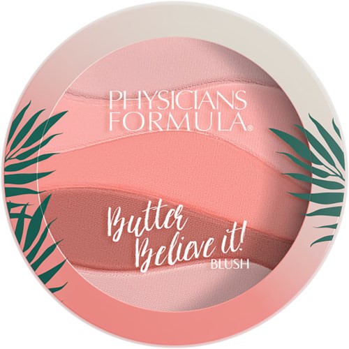 Ronde make-up palette met roze tinten en groene bladontwerpen. Het is gelabeld 'Physicians Formula Butter Believe It! Blush.'