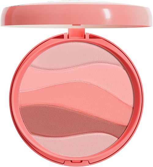 Een roze compacte met gemarmerde tinten roze en bruin poeder voor make-up.