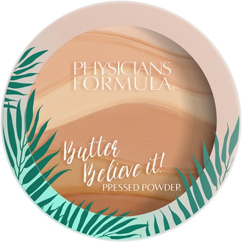 Een pressed poeder doos met een tropisch bladontwerp, gemarkeerd "Physicians Formula" en "Butter believe it!".