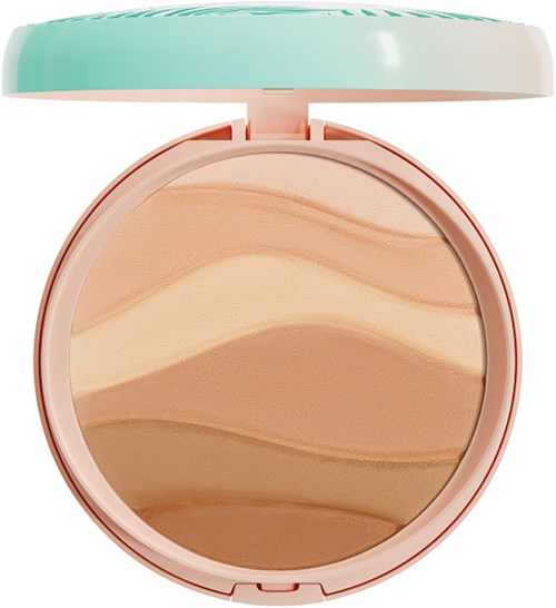 Een compacte met beige en lichtbruine gemarmerde poeder binnenin en een lichtgroen deksel aan de bovenkant.