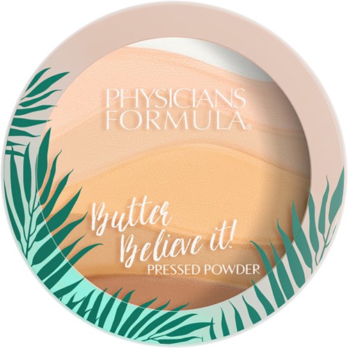 Een ronde verpakking met gepresde poeder, beige en witte achtergrond, groene bladeren om de rand, en tekst over boter.