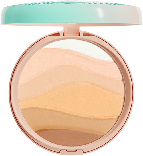 Een kleine make-up container met pastelkleuren poeder in een swirlpatroon en een mintgroen deksel.