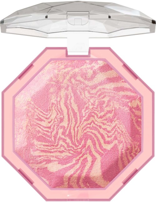 Ett rosa och beige djurprints-mönster på en rouge i en hexagonformad behållare med genomskinligt lock.