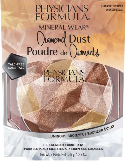Physicians Formula Mineral Wear Diamond Dust lyst hudbronzer med geometriskt mönster, solbränneetikett och produktspecifikationer.