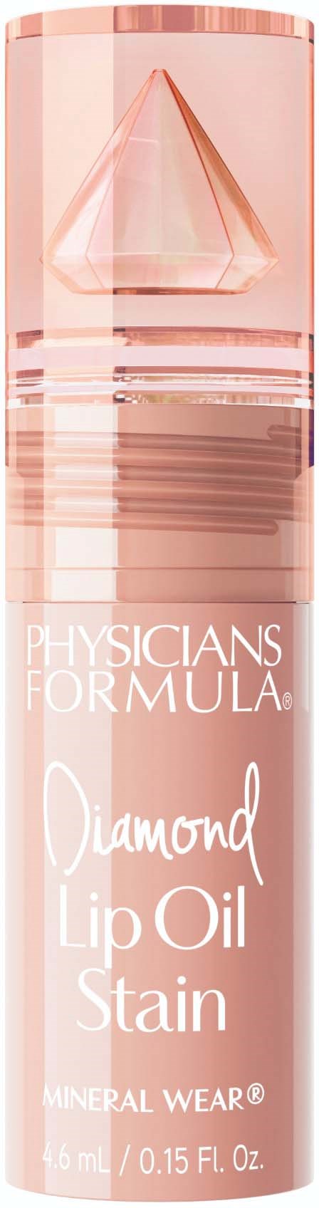 En rosa cylindrisk flaska med Physicians Formula Diamond Lip Oil Stain och en geometrisk diamantformad lock.
