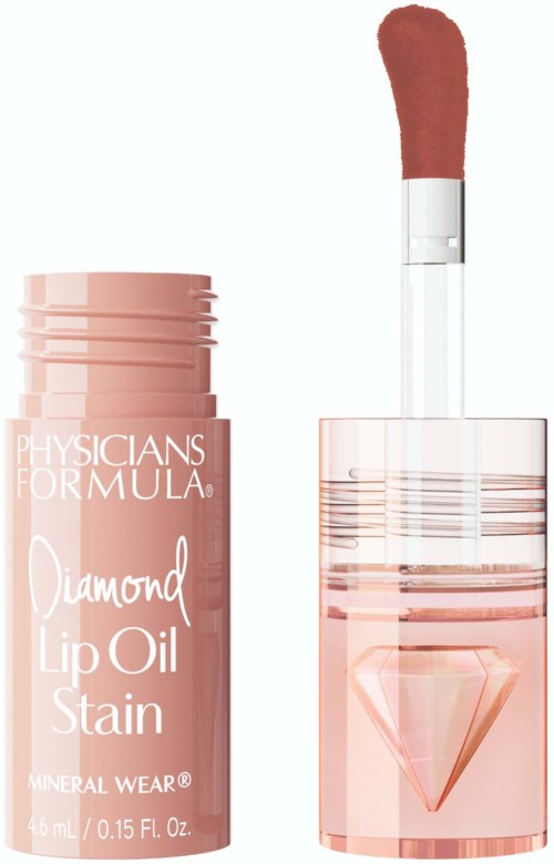 Physicians Formula Diamond Lip Oil Stain med applicator och rosa förpackning med diamantmotiv.