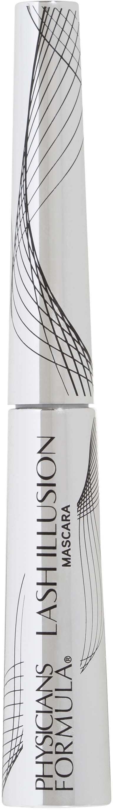 Een witte mascara-tube met zwarte en zilveren golvende lijnen, gelabeld "Physicians Formula Lash Illusion Mascara."