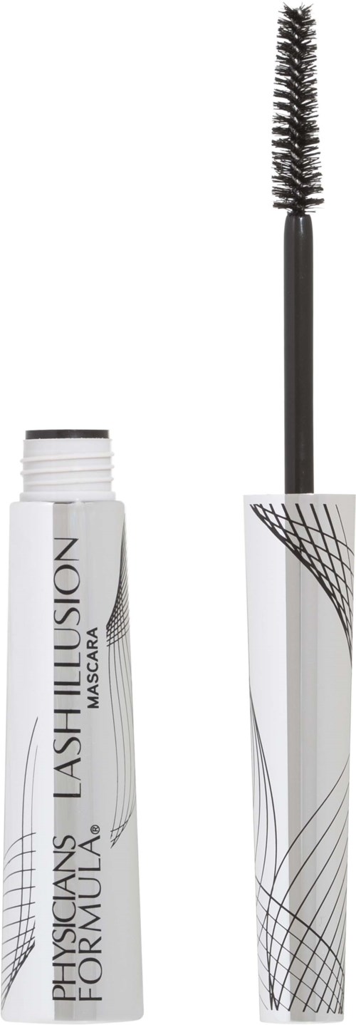 Een wit buisje mascara met zwarte tekst en een zwarte borstelapplicator.