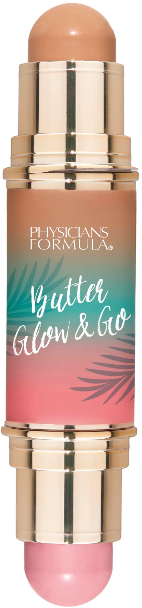 Tvåändad makeup-sticka med persika och rosa läppglans på svart bakgrund. Rosa och turkos etikett med texten Glutter Color & Glow.