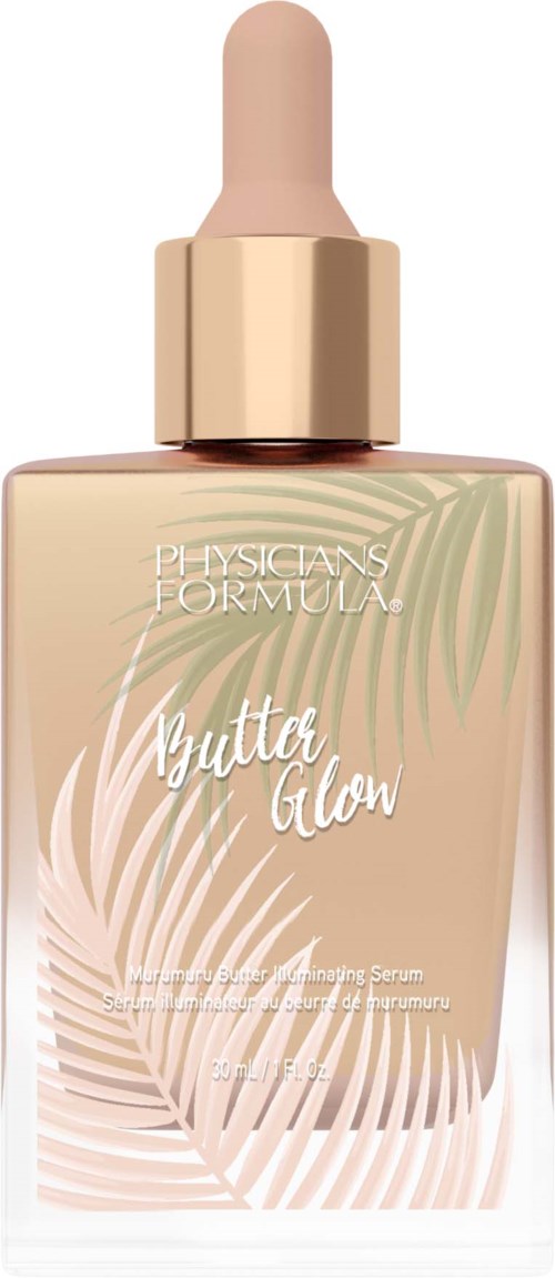 En beige glasflaska med pipett för Physiologists Formula Butter Glow serum med palmbladsmönster.