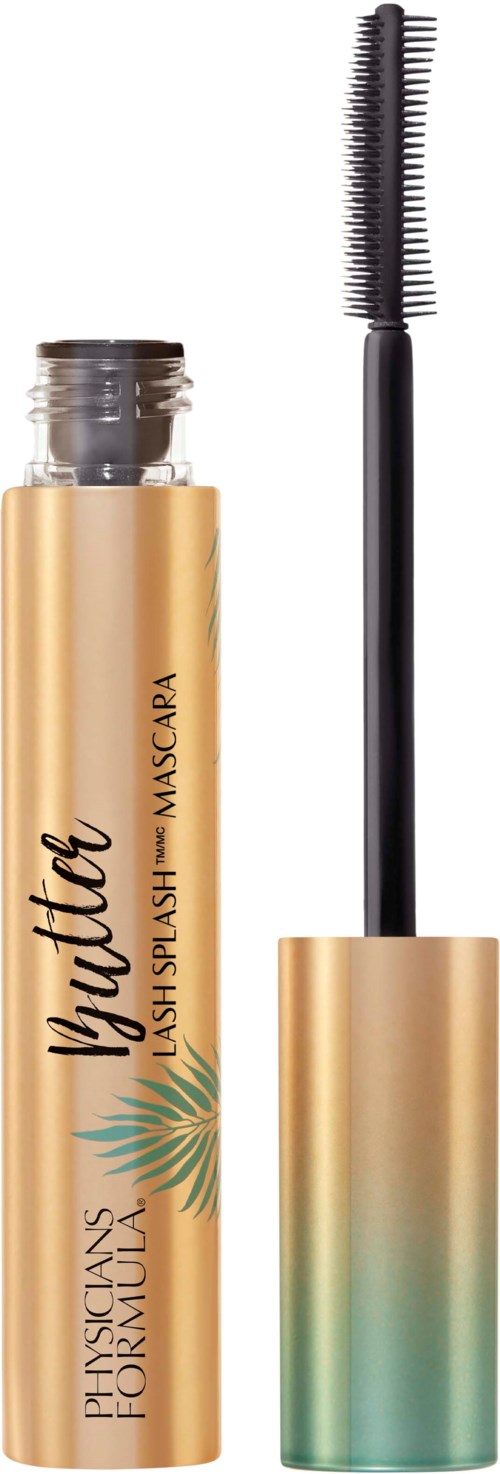 En mascara i guld- och turkosgradigt förpackning med svart och guld appliceringsborste och etiketten Youtuber Lash Splash.