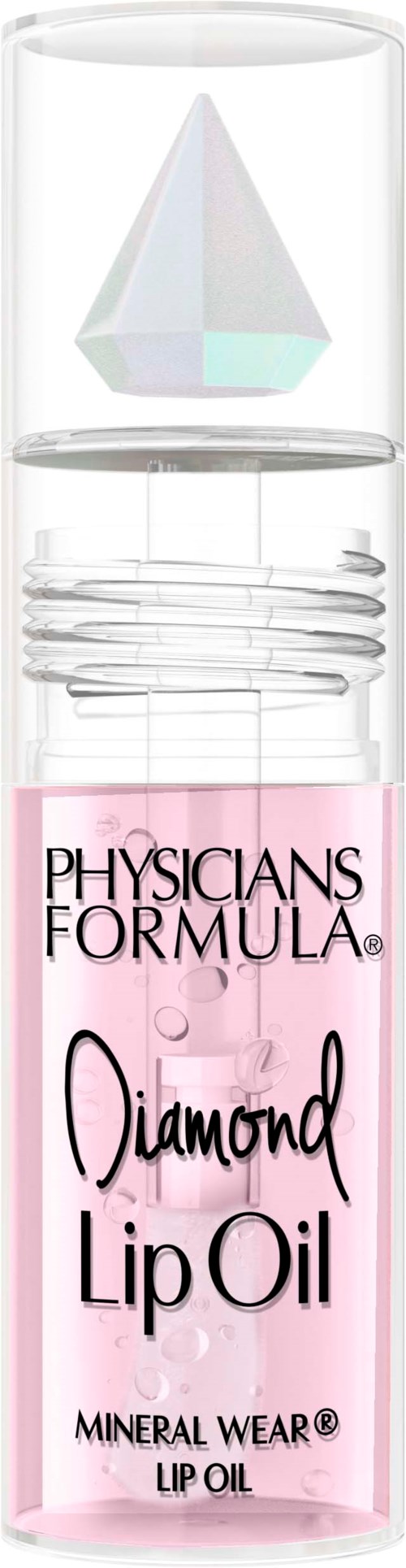 En tydlig glasburk med rosa etikett som visar märket Physicians Formula Diamond Lip Oil och en silverkapsel.