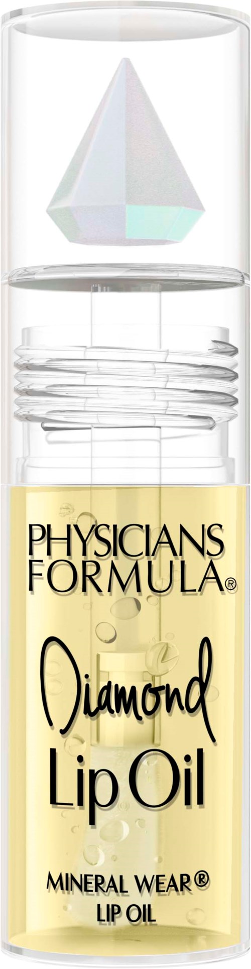 Läppolja i en klar flaska med en lila geometrisk topp och gul etikett med texten Pacifica Physicians Formula Diamond Lip Oil.