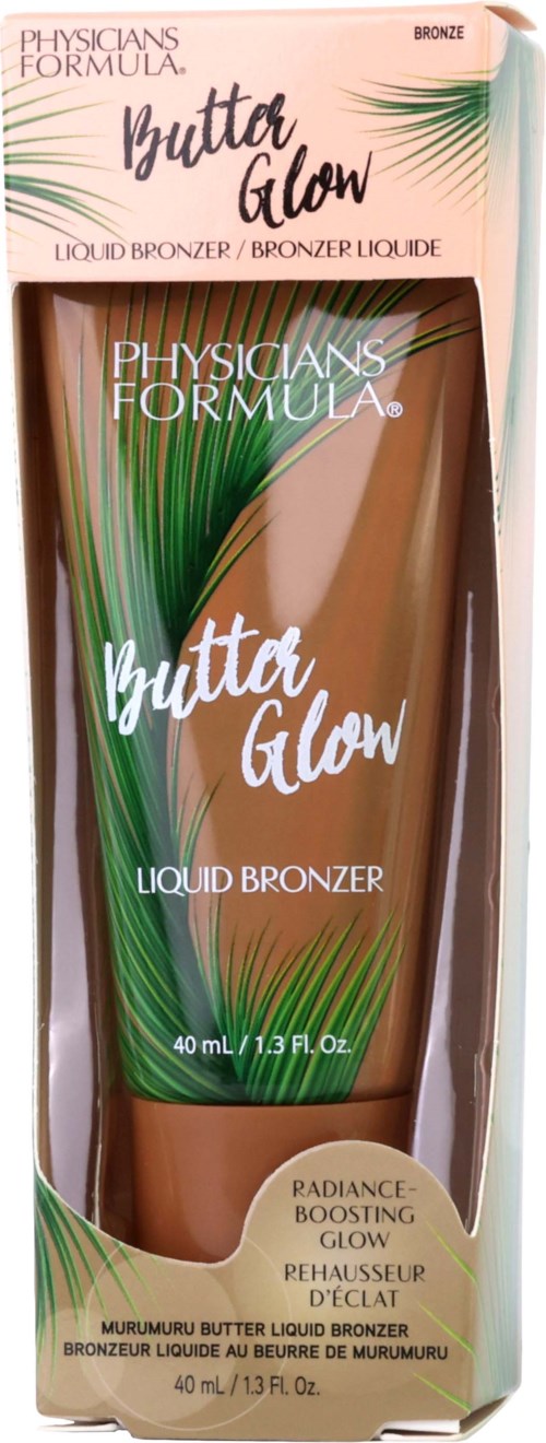 Physicians Formula Butter Glow flytande bronzer i förpackning med grönt och beige tropiskt bladmönster.