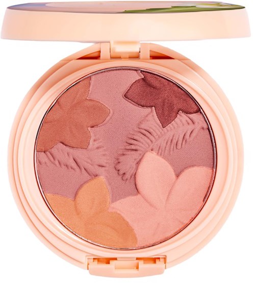 Kleurrijke bloementekening blush in een roze compact met deksel.