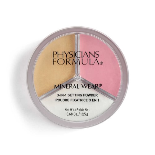 Een ronde make-upproduct met drie secties, gelabeld als setting powder in beige en roze, met zwarte tekst.