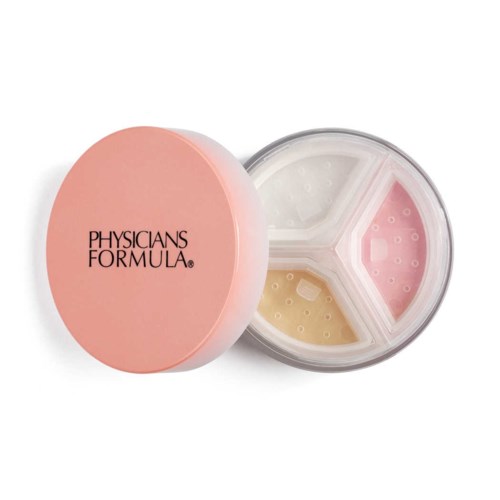 Een ronde roze container met een doorzichtige verdeelde sectie, met drie verschillende crèmes of gels binnen.
