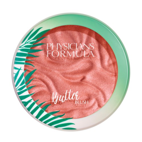 Een ronde blush-doos met groene bladmotief en tekst "Physicians Formula Butterfly Blush" met roze blush erin.
