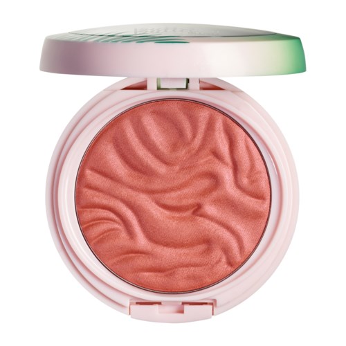 Een ronde make-up blush in een roze container met een golvend patroon en een groen en wit deksel.
