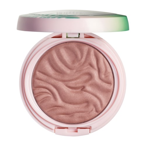 Een ronde, roze make-uptochel met een zwierige, glanzende, lichtbruine poeder binnenin.