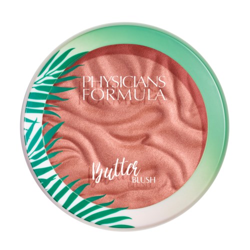 Pyöreä poskipunaämpäri, jossa vihreitä lehtiä, vaaleanpunainen poskipuna ja teksti, joka kertoo sen olevan Physicians Formula Butter Blush.