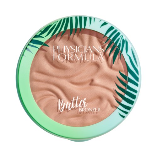 Ronde verpakking met groen en wit ontwerp, met de woorden 'Physicians Formula Butter Bronzer' en groene bladeren.