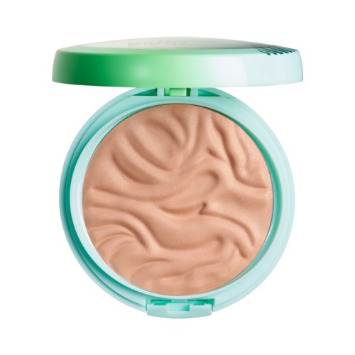 Een kleine make-updoos met beige make-up erin, met een open lichtgroen deksel.