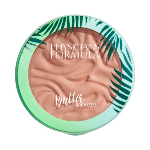 Een compact met bronzer met tropisch bladontwerp, gemerkt 'Physicians Formula Butter Bronzer.'