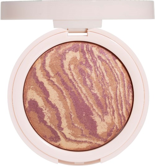 Gepatineerde roze en gouden highlighter in een ronde witte verpakking.