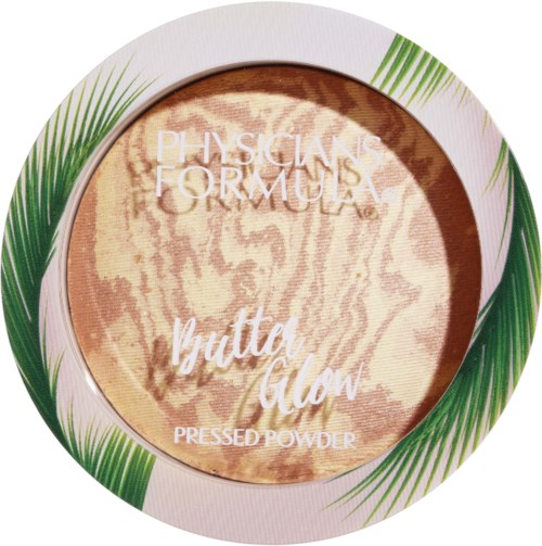 Een ronde pressed poederdoos met groene bladvormen, gelabeld "Physicians Formula Butter Glow" en "Pressed Powder."