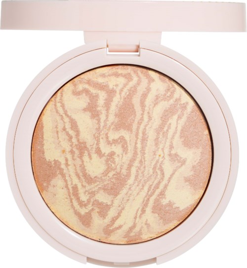 Een highlighter met gemarmerde oranje en crèmetinten in een ronde witte compactdoos.