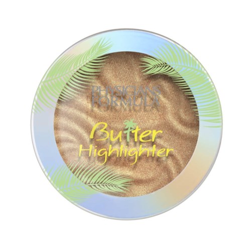 Een ronde container met 'Butter Highlighter', groen blaadjes en glanzend oppervlak.