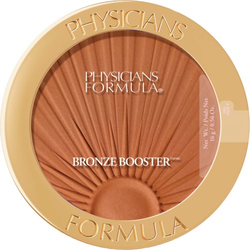 Brons puder i en rund liten ask med guldlock som är märkt Physicians Formula, Bronze Booster.