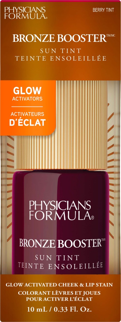 En förpackning av Physicians Formula Bronzer med glow-aktivering och läppfärg i bärnyans, visar förpackningen och produktdetaljer.