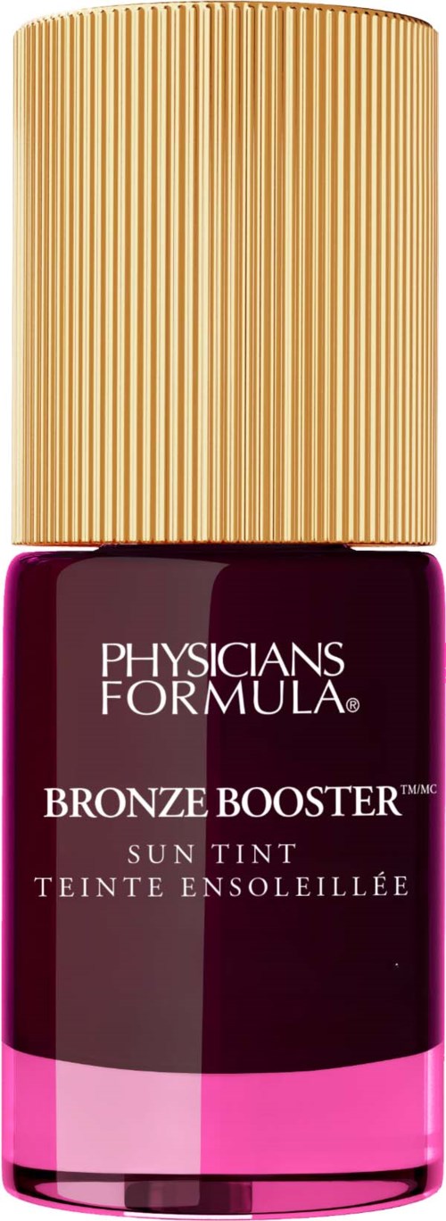 Physicians Formula Bronze Booster Sun Tint nagellackflaska med en guldkapsel och mörkrosa vätska inuti.