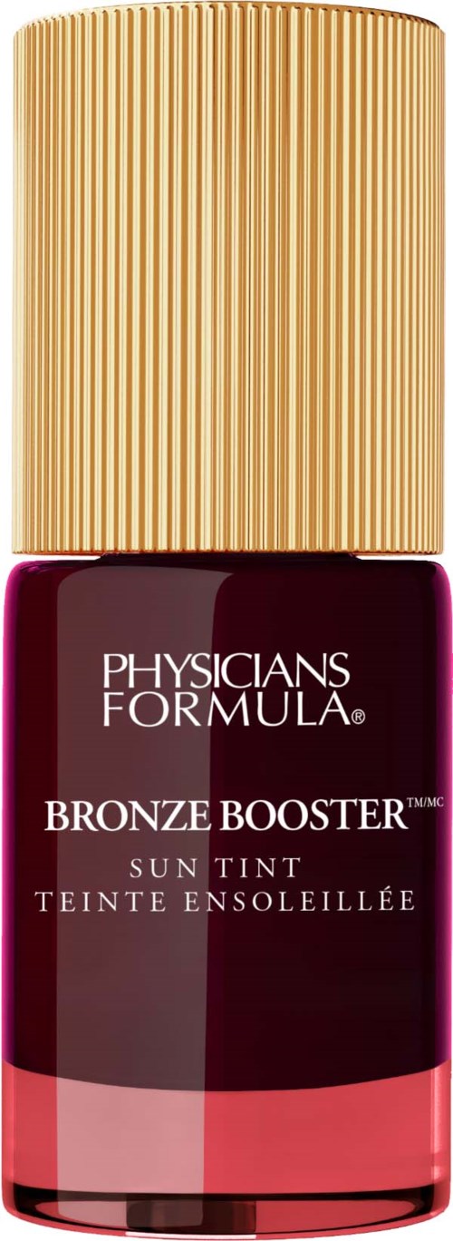 Physicians Formula Bronze Booster solfärgad flaska med ett guldlock och mörkröd och rosa kropp.