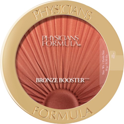 En rund makeup-produkt med en guldfärgad kant, märkt Physician's Formula Bronze Booster, som visar ett skimrande bronspuder.