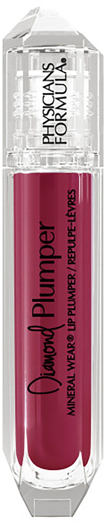 Lipgloss tube met glazen lichaam, rode tint en branding voor Physicians Formula en Diamond Plumper.