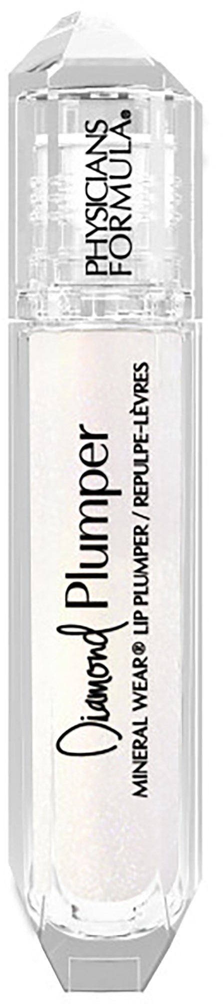 Transparante lipgloss tube met 'Diamond Plumper' label en bevat hydraterende ingrediënten zoals mineralen en lip wiber.