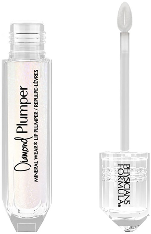 Doorzichtige lipgloss tube met witte applicator en zwarte tekstlabel.