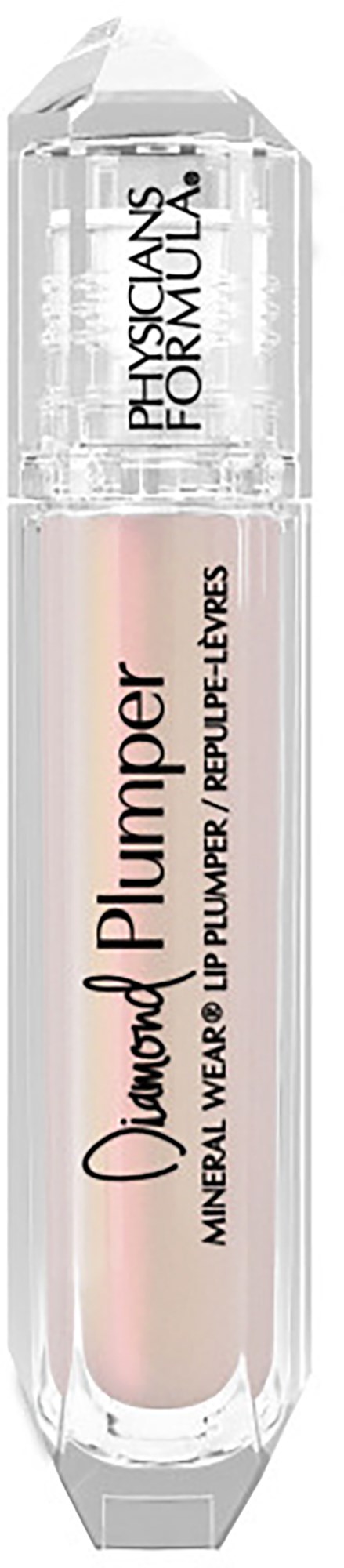 Een doorzichtige lipgloss tube met roze glans erin, met label 'Diamonds Plumper' en 'Physics Lifts.'