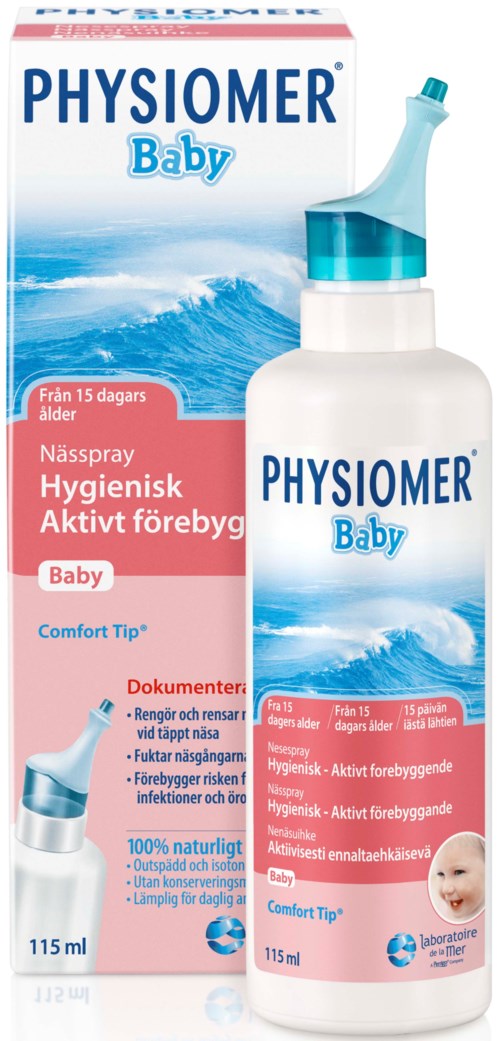 A nasal spray bottle and box with blue and pink design, labeled "Physiomer Baby" for infants' nasal hygiene.